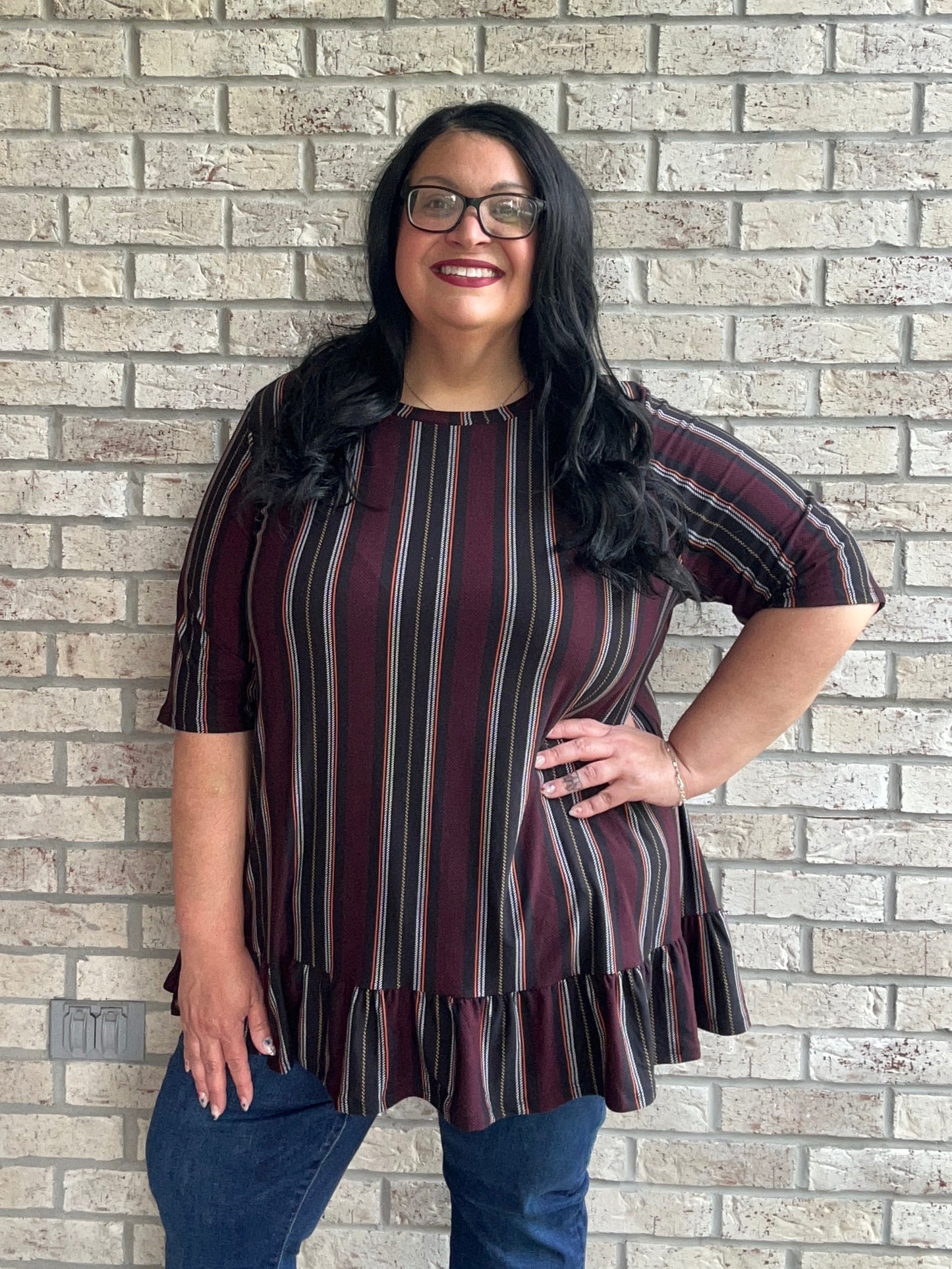 Tonya burgundy striped ruffle bottom top 3