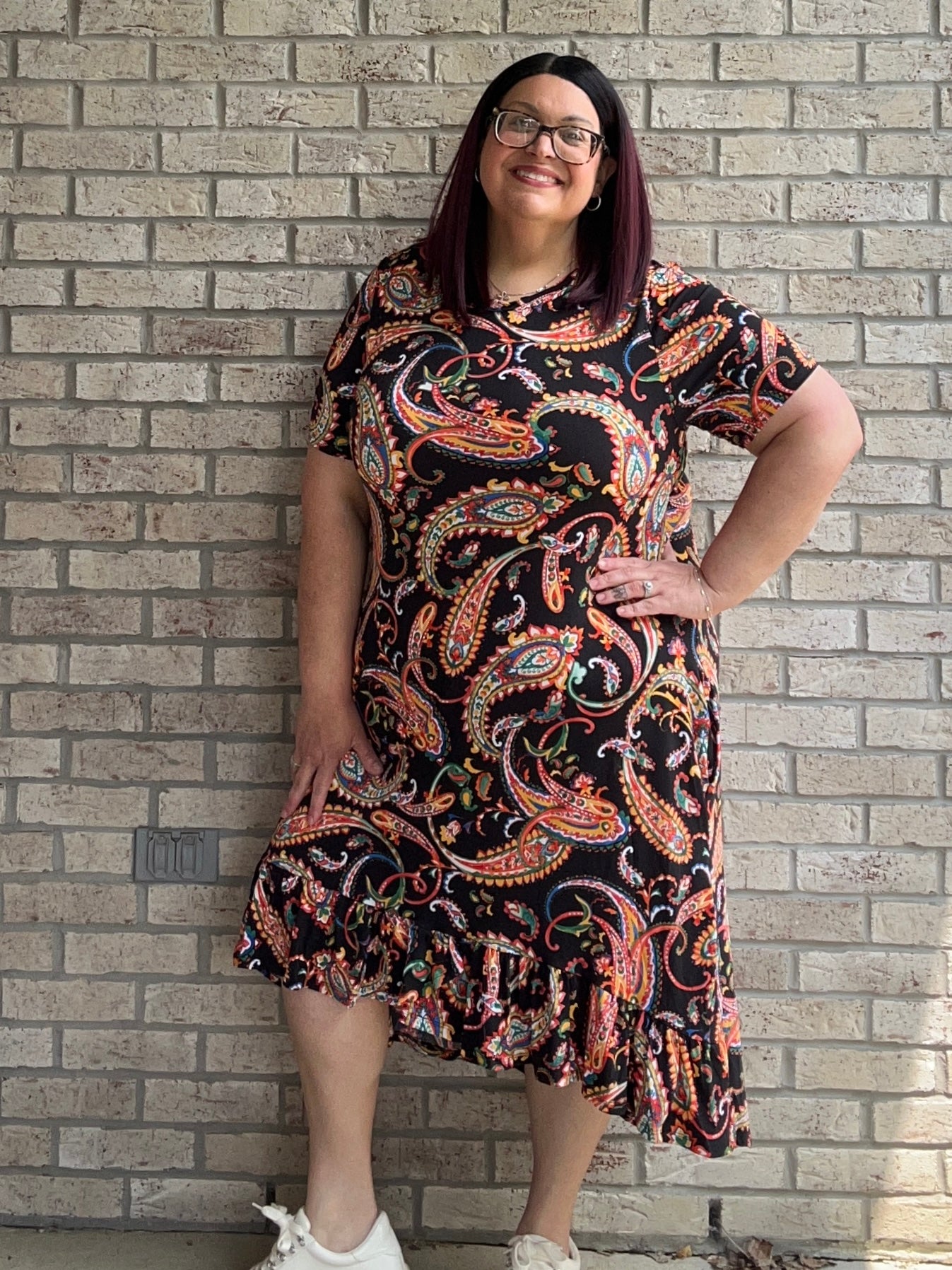 Bella black print ruffle hem dress 10