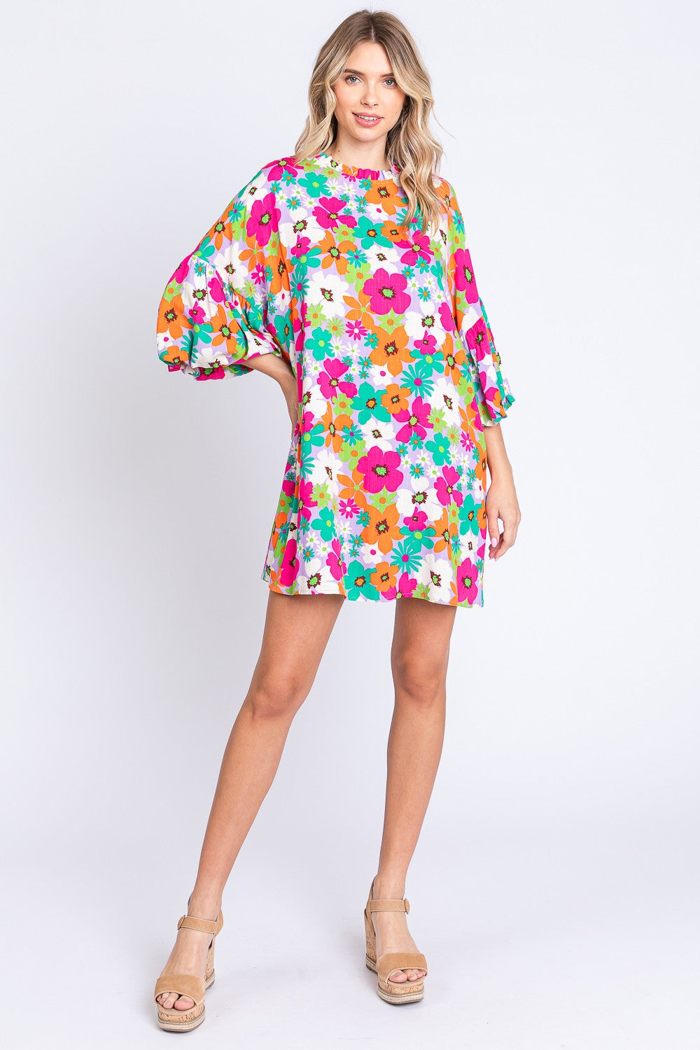 GeeGee Floral Round Neck Lantern Sleeve Mini Dress