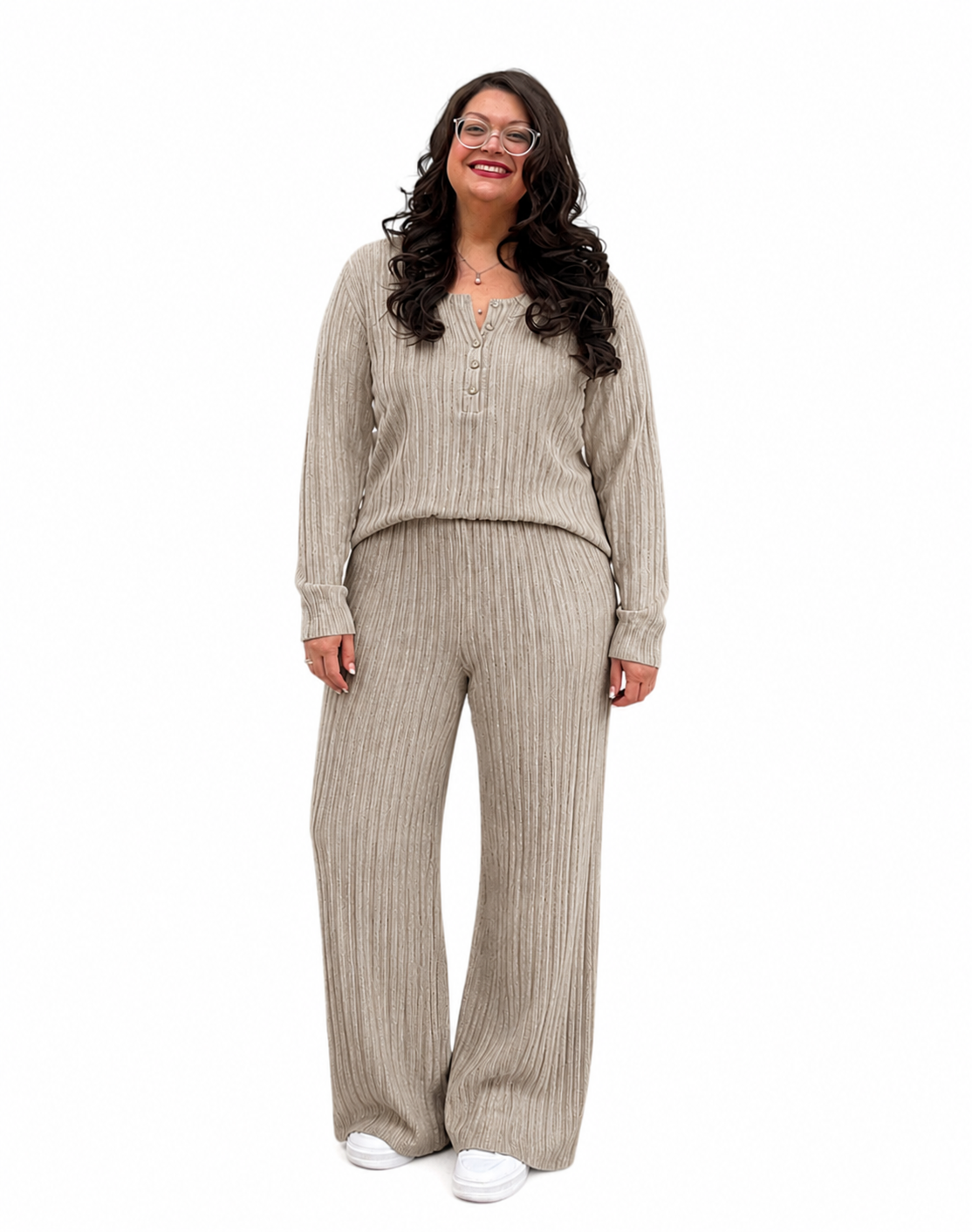 Ribbed Knit Button-Front Top and Pants Set