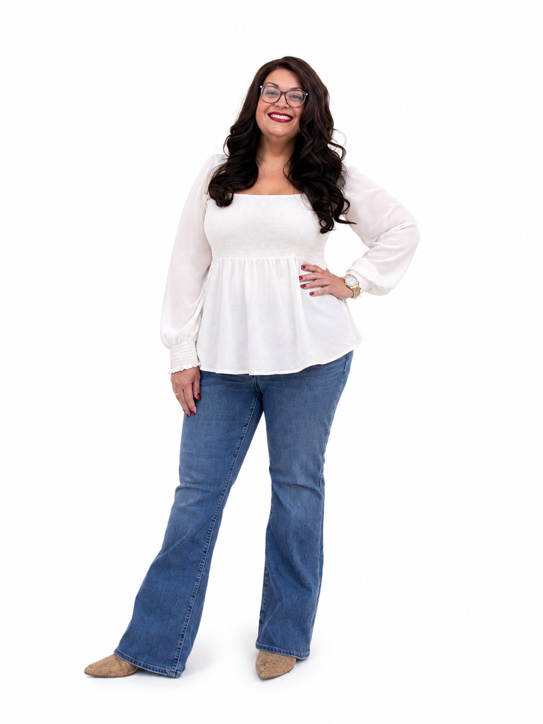 Square Neck Long Sleeve Peplum Blouse
