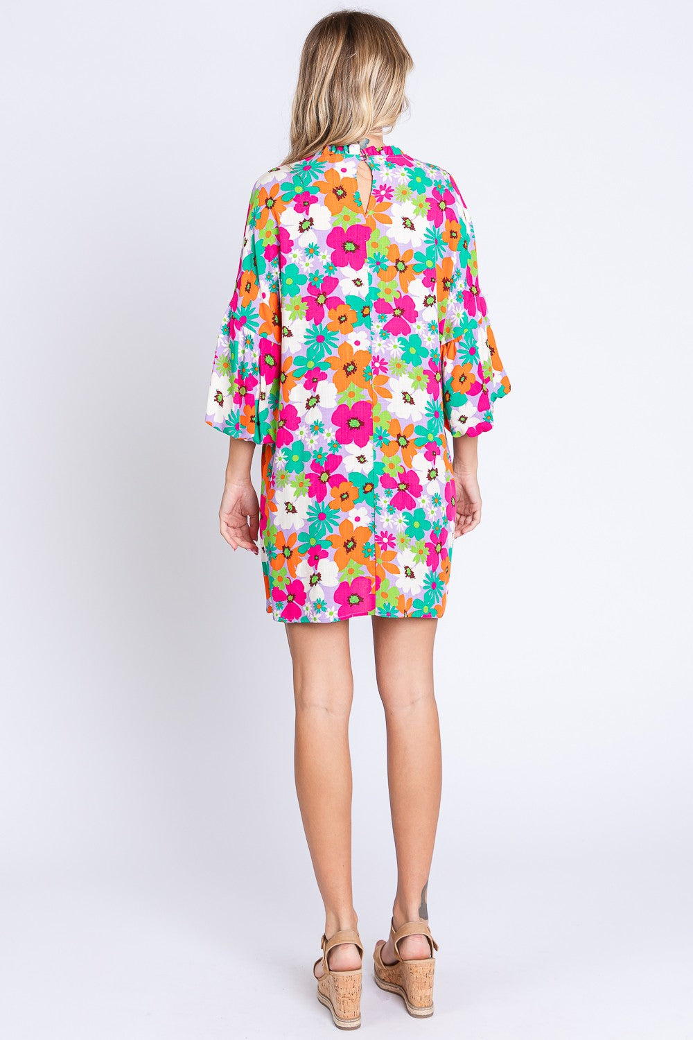 GeeGee Floral Round Neck Lantern Sleeve Mini Dress