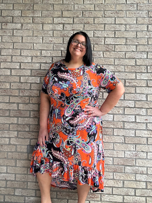 Bella orange paisley print ruffle hem dress 2