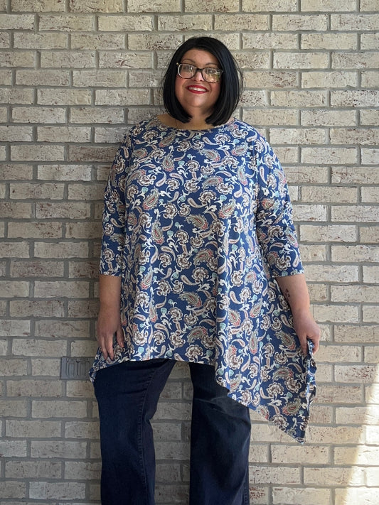 Mary blue paisley print shark bite hem top 25