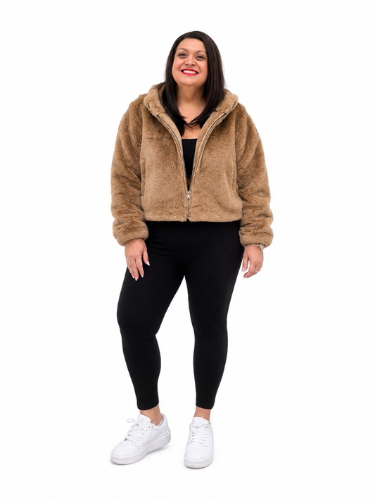 Faux Fur Cropped Zip-Up Jacket Plus Size