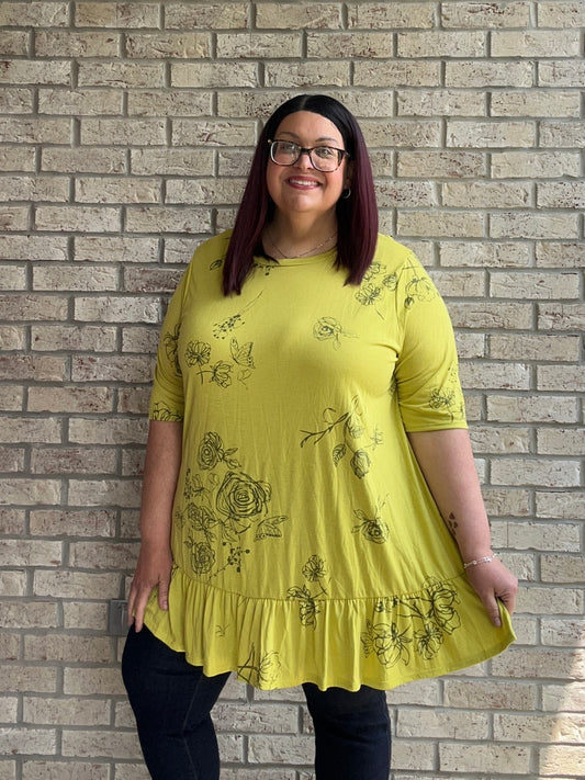 Tonya lime green rose print ruffle bottom top