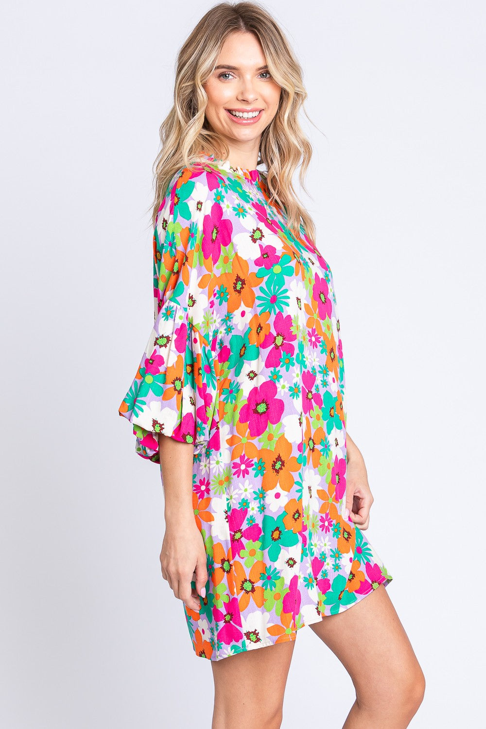 GeeGee Floral Round Neck Lantern Sleeve Mini Dress