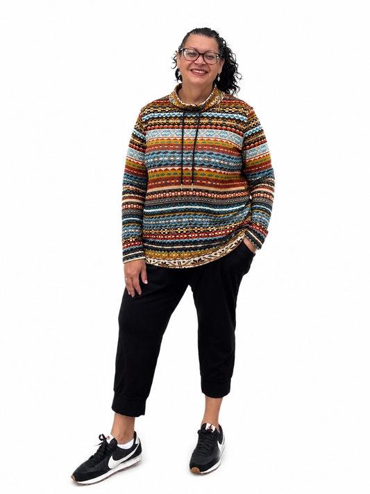 Drawstring Printed Mock Neck Long Sleeve Top