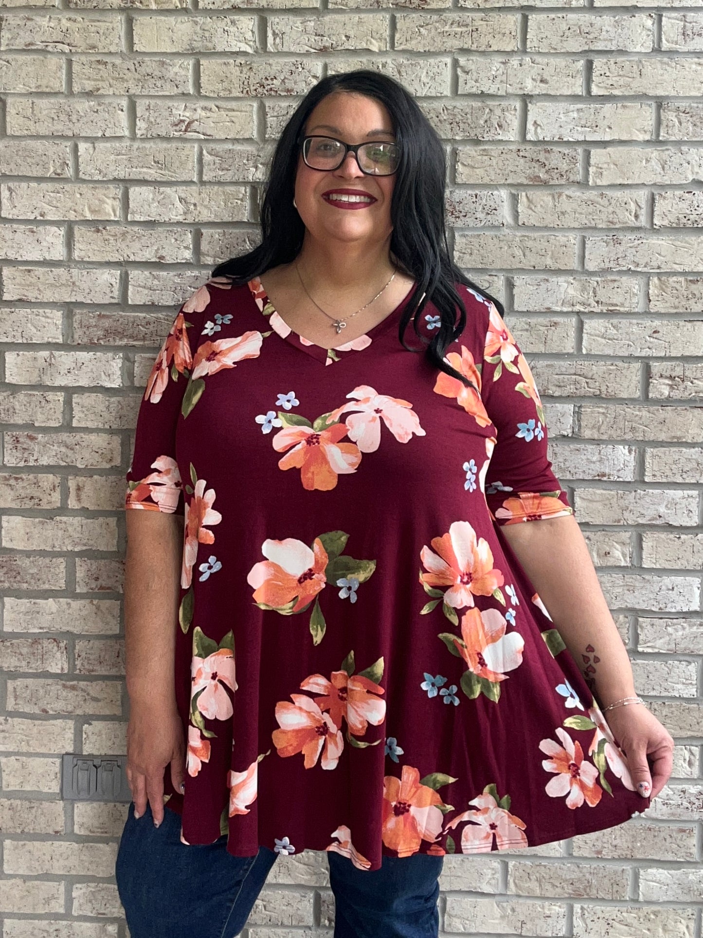 Claudia burgundy floral print swing top