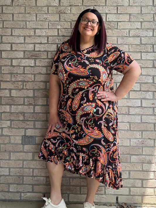 Bella black print ruffle hem dress 10