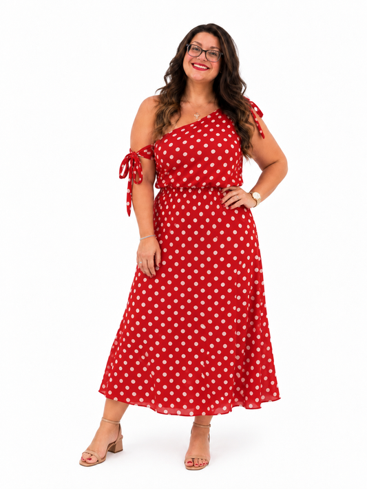 Polka Dot One-Shoulder Maxi Dress with Tie Details