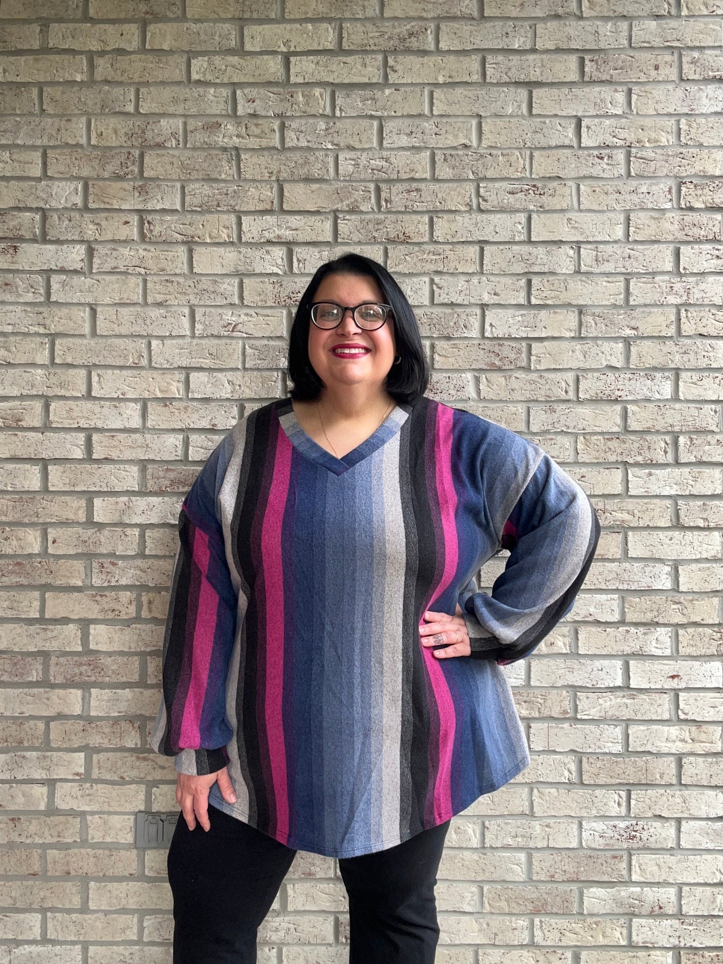 Carol blue striped print long sleeve top