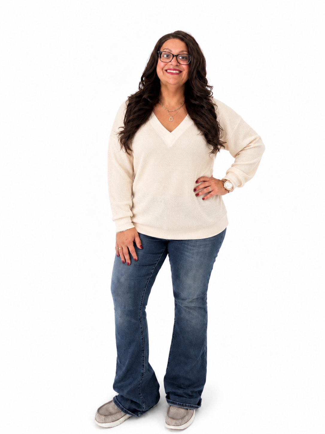 V-Neck Long Sleeve Waffle Knit T-Shirt
