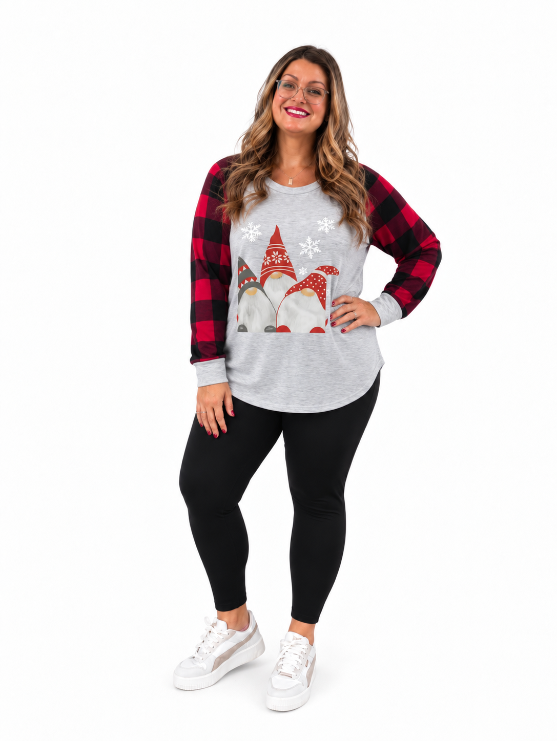 Graphic Plaid Round Neck Long Sleeve T-Shirt
