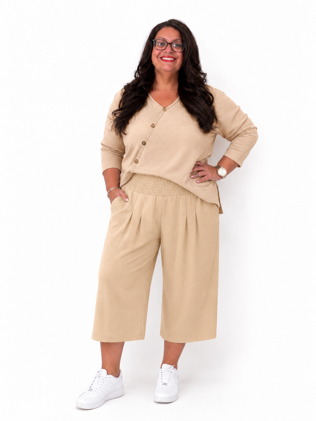 Smocked Waist Cropped Wide Leg Pants