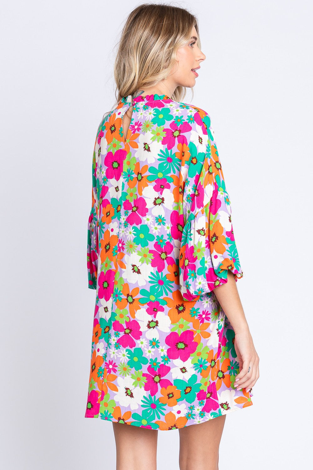 GeeGee Floral Round Neck Lantern Sleeve Mini Dress