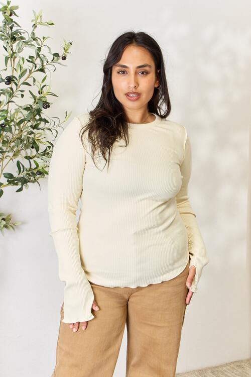 Culture Code Top de manga larga con cuello redondo y canalé de tamaño completo