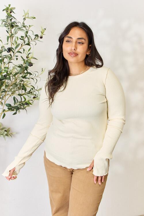 Culture Code Top de manga larga con cuello redondo y canalé de tamaño completo